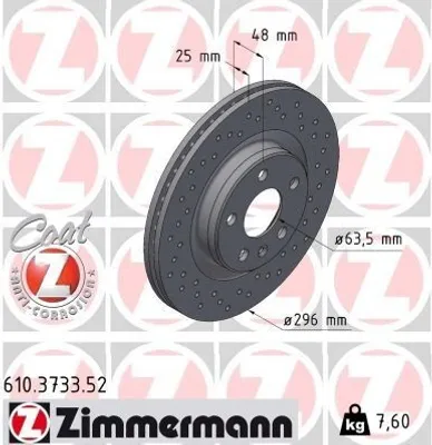 Produktbild von 2x ZIMMERMANN Bremsscheibe 610.3733.52 für VOLVO XC40 (536) 48mm 7 6kg 296mm