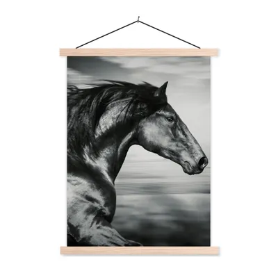Produktbild von MuchoWow® Textilposter Pferd - Tiere - Schwarz - Weiß 60x80 cm mit holzfarbenen Rahmen - Wandbild