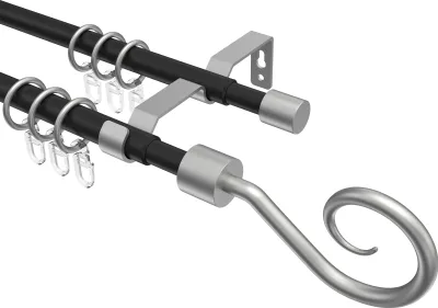 Produktbild von Interdeco Gardinenstange ausziehbar / Teleskop-Vorhangstange Schwarz / Silbergrau, Typ Hera Helix (Spirale), 16/13 mm Ø 2-läufig, 70-120 cm ausziehbar