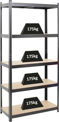 Produktbild von Schwerlastregal Ragnar | HxBxT 180x90x40cm | 5 MDF-Platten-Ebenen | Fachlast 175kg | Schwarz