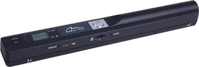 A black handheld scanner is shown against a white background.