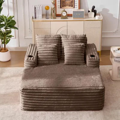 Imagen del producto de Chaise longue de gran tamaño, sofá cama con revestimiento de imitación piel y portavasos, sillón extremadamente cómodo, no requiere montaje