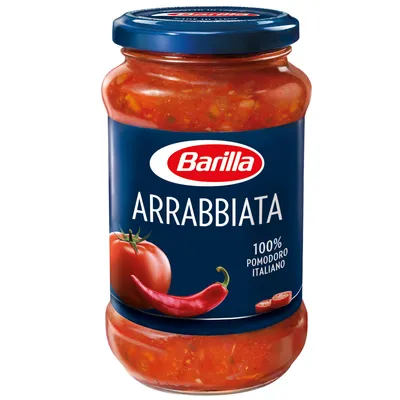 A jar of Barilla Arrabbiata pasta sauce against a white background.