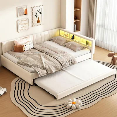 Produktbild von okwish Schlafsofas 140×200 Tagesbett mit  Lattenrost und Ablagefach,ausziehbarem Bett mit USB+Typ C,LED-Umgebungslicht,Beigen(ohne Matratze)