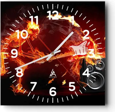Produktbild von Wanduhr - Quadrat - Glasuhr - Feuer Instrument Skelett - 30x30cm - Schleichendes Uhrwerk - Lautlos - zum Aufhängen bereit - Dekoration Modern - Wanddekoration aus Glas - C4AC30x30-0210