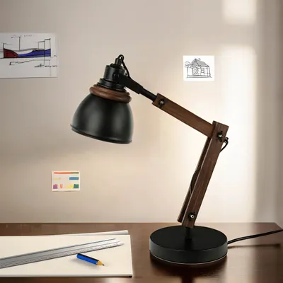 Immagine prodotto di Lampada da tavolo nero naturale regolabile 52 cm legno metallo design retrò E14 lampada da tavolo NOAH
