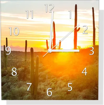 Produktbild von Wallario Design Wanduhr Sonnenaufgang in der Wüste aus Echtglas, Größe 30 x 30 cm