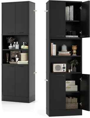 A black tall cabinet is shown from two different angles, one showing the exterior and the other showing the interior shelves and compartments. Items like books, decor, and toiletries are displayed on the shelves.