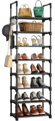 Immagine prodotto di Scaffale per scarpe con 10 ripiani, in metallo nero, con 5 ganci, salvaspazio, stretto, per 20-25 paia