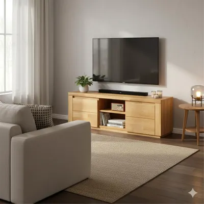 A living room scene with a TV stand, TV, sofa, and rug.