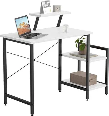 Image de Bureau en forme de L Unyqoos®, 80 x 50 x 75 cm, avec 2 étagères mobiles et un support pour écran, de couleur blanche, structure en métal et plateau en MDF, stable, montage facile