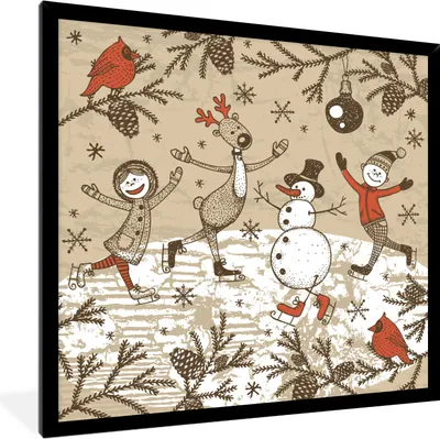 Produktbild von MuchoWow® MuchoWow® Gerahmtes Poster Illustration - Weihnachten - Schneemann 40x40 cm - Poster mit zchwarzem Bilderrahmen - Mit Rahmen - Wanddekoration Schlafzimmer