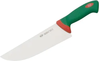 A chef's knife with a white blade and a green and red handle, isolated on a white background.
