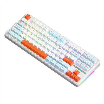 A white mechanical keyboard with light blue and orange keycaps, shown from a diagonal angle on a white background.