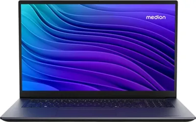 A front view of an open laptop with a colorful abstract wallpaper on the screen.