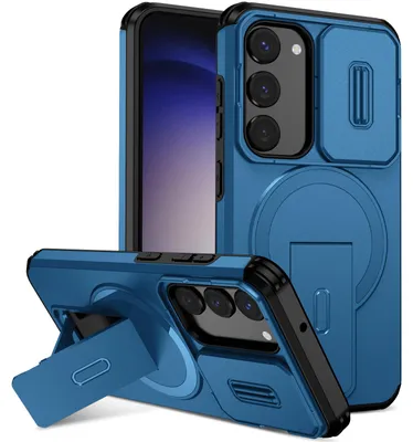 Image de Étui magnétique pour Samsung Galaxy S23, étui durable à deux couches avec protection coulissante de l'appareil photo et support réglable Bleu