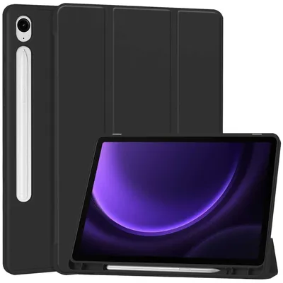 A black tablet case with a tablet inside, displayed on a white background.