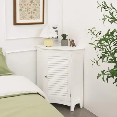 Produktbild von COSTWAY Eckschrank Badezimmer mit 5 stufig höhenverstellbarer Ablage, Badezimmerschrank mit Kippschutz, Badschrank mit Lamellentür, Badkommode freistehend, Sideboard weiß