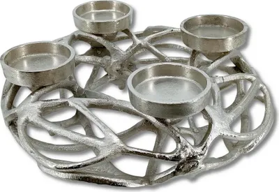 Produktbild von Metall Kranz Ø 30cm mit Kerzenhalter silber für vier große Stumpen-Kerzen Tisch-Deko Advent-Kerzenständer
