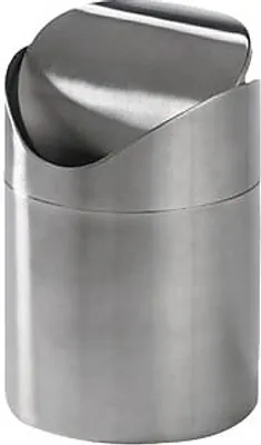 A stainless steel trash can with a swing lid.