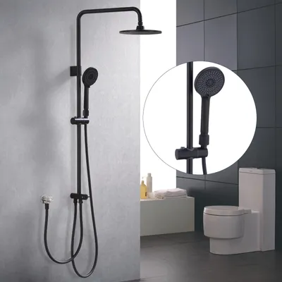 Produktbild von Homelody Duschsystem ohne Armatur, Edelstahl Schwarz, 4 Wassersprühfunktionen, Regendusche, Handbrause, Duschsäule mit Umsteller, Kopfbrause 9 Zoll, Ventileinbautiefe 73-90 mm, empfohlene Bodenfreiheit 1 Meter, G1/2 Schnittstelle, Arbeitswasserdruck 0.5-5 bar, Arbeitswassertemperatur 4-90 °C, modern, minimalistisch, schmutzabweisend, leicht zu reinigen, verwicklungsfreier, druckbeständiger und explosionsgeschützter PVC-Schlauch