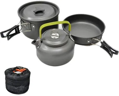 Produktbild von Camping-Kochset, für 2-3 Personen, faltbares Camping-Pfannenset, Kochtopf, Pfanne, Teekanne für den Außenbereich, ideal für Picknicks, Camping und Wanderurlaube