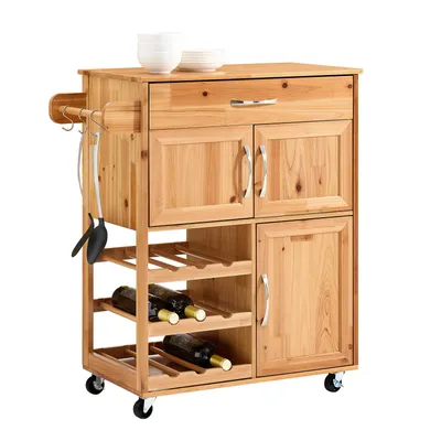 Productafbeelding van SoBuy serveerwagen met wielen, keukentrolley met werkblad, trolly met wijnrek, keukenblok, keukenkast voor keuken en eetkamer, geschikt voor buiten. Model: FKW45-N