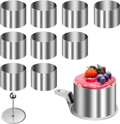 Productafbeelding van Dessertringen Set - Serveercirkels Taartvorm - Desserts Vormgeven - Naadloos Ontwerp - 8 cm Diameter - Zilver