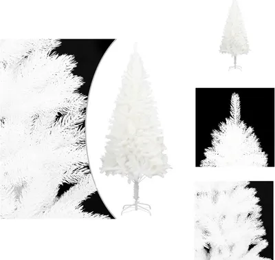 A collage of images showing a white artificial Christmas tree from different angles and close-ups of its branches.