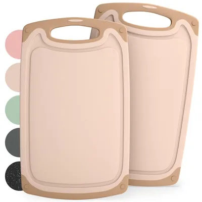 Produktbild von Blumtal Schneidebrett Kunststoff 40x24,5 cm 2er Set - Schneidebretter + Saftrillen & Griff - BPA frei - Beige