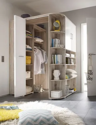 Produktbild von Kleiderschrank Corner Nessi Eckschrank Eckkleiderschrank Schrank Begehbar Kleiderschrank Sandeiche weiß
