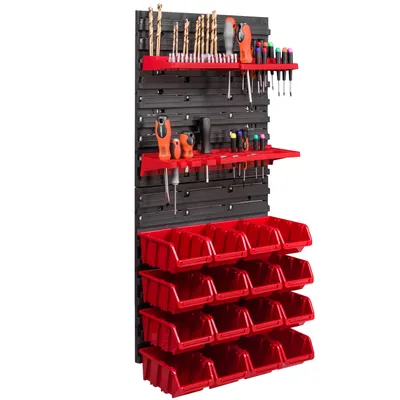Produktbild von 16 Stapelboxen Werkzeughalter Wandregal Werkstattregal Werkzeugwand 39x78cm Werkzeughalter Lagersystem Schüttenregal Sichtlagerkästen Extra Starke Wandplatten Regal Erweiterbar Werkstattregal Lagerre