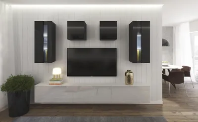 Image de Furnitech Meuble-paroi Salon - Meuble-paroi suspendu Moderne - Étagères et meuble TV - Meubles de salon sans LED (AN291-17BW-HG24 1B Grand)