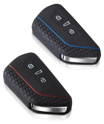 Immagine prodotto di 2 custodie in silicone per chiavi auto, compatibili con VW Golf 8, SEAT, Skoda, Cupra (colore nero con dettagli rossi, oppure nero con dettagli blu)