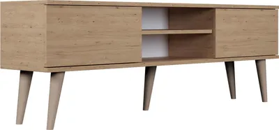 Produktbild von TV-Lowboard Fernsehtisch 160 cm in Eiche Artisan – Soft-Close Türen, Stauraum & Kabeldurchlass – Skandinavisch Holzfüße, Holzbeine – Für Fernseher bis 70 Zoll – Micky