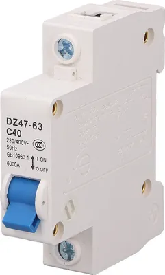 A white miniature circuit breaker with a blue switch is shown against a white background.