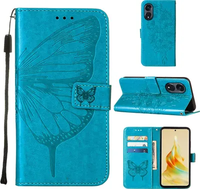 Produktbild von Lederhülle für OPPO Reno8 T 5G / A1 Pro 5G Schmetterling Prägung Flip Ledertasche Kartenfächer Handyhülle mit Ständer Blau
