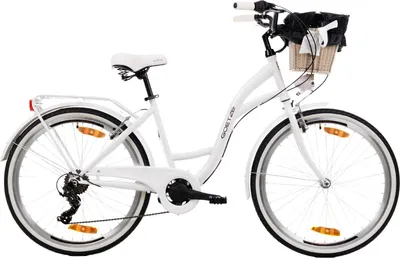 Produktbild von Goetze Mood 26 Zoll City Bike, 17 Zoll Tiefeinsteigerrahmen, 6-Gang Shimano Tourney, V-Bremse, LED-Beleuchtung, Komfortsattel, Rattankorb