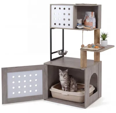 Produktbild von KOMFOTTEU Kratzbaum mit Katzenklo-Schrank, stabiler Katzenbaum mit Futterplattform, 3 Sisal-Kratzpfosten & 2 Kratzbrettern, Katzenkratzbaum Kletterbaum Holz, Katzenaktivitätsbaum Katzenmöbel Indoor