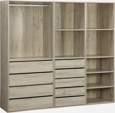 A modular wardrobe set with multiple compartments and drawers, presented in a neutral, light wood tone.