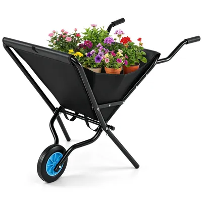 Image de CHARIOT DE JARDIN COSTWAY avec roue, chariot pliable avec cadre métallique et poignée antidérapante, chariot de transport jusqu'à 40 kg, brouette, chariot de jardin noir