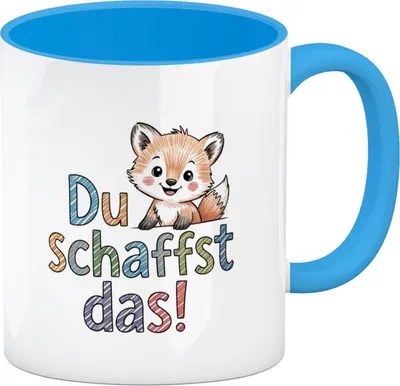 Produktbild von Fuchs mit Spruch Du schaffst das! Kaffeebecher in hellblau