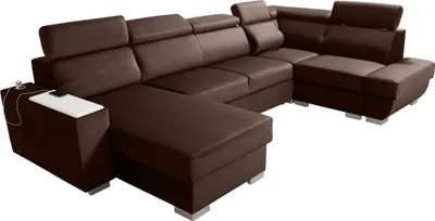 Produktbild von Robin Cezar Ecksofa Schlaffunktion Bettkasten Verstellbare Kopfstützen Sofa L-Form Schlafsofa Freistehende Eckcouch Schlafcouch Wohnzimmermöbel inkl. Laptoptisch Steckdose Rechts Braun
