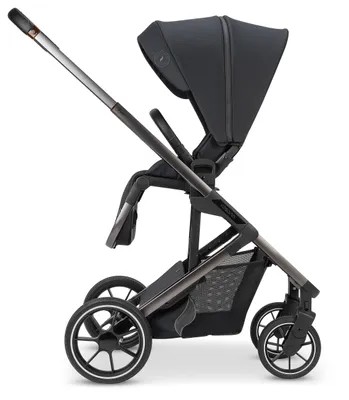 A black and gray stroller is shown against a white background.