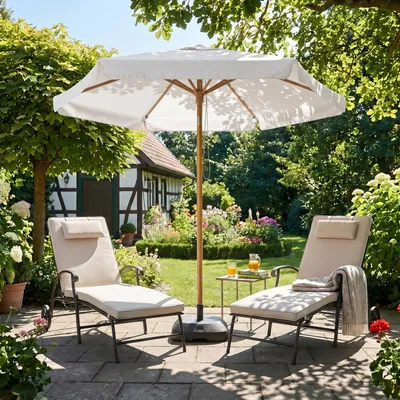 Produktbild von Sekey Balkonschirm 200 cm Ø Holzoptik, Knickbar, Stabiler Gartenschirm, UV-Schutz 50+, Sonnenschirm für Terrasse und Hof, Creme