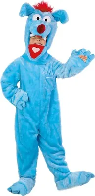 A child wearing a blue monster costume with red hair and a red heart on its chest.