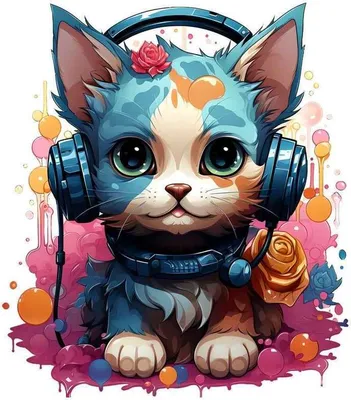 Produktbild von GKA großes Bügelbild Katze mit Kopfhörer G19 Applikation für Textilien Aufbügler Patches Zum Aufbügeln Größe: 22,06 cm x 19,36 cm