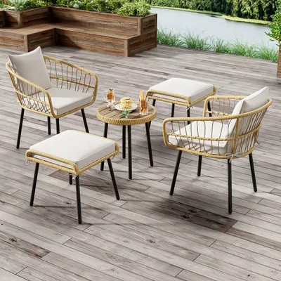 Produktbild von LVHOM 5-teiliges Gartenmöbel Set, Balkonmöbel Set Rattan mit Kissen, Balkonset Polyrattan für 4 Personen, Sitzgruppe Terrassenmöbel Loungemöbel, Beige