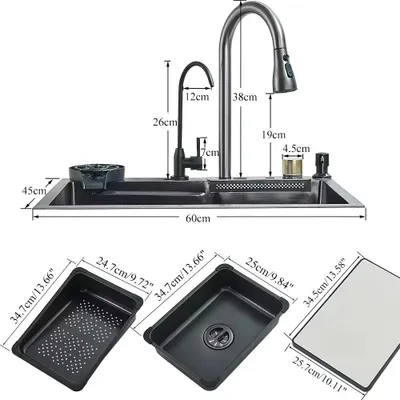 Produktbild von Wasserfall Küchenspüle - Spüle Mit Einem Becken - Großes Becken 45x60 cm - Integrierte Armatur Mit Seifenspender - Reines Wasser Hahn - Becherreiniger Aus PVC