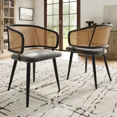 Produktbild von Flieks Esszimmerstühle 2er-Set, Stuhl Essstühle mit Rattan-Rückenlehne, Küchenstuhl Polsterstuhl, Sitzkissen aus Samt, schwarz